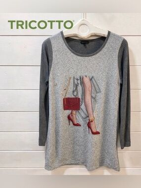 TRICOTTO Grey Graphic Tunic Top Size L